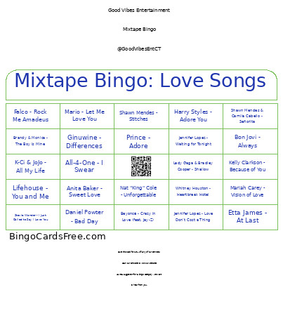 Mixtape : Love Songs Bingo Card