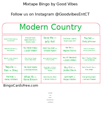 Mixtape : Modern Country Bingo Card