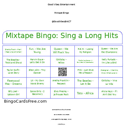 Mixtape : Sing A Long Hits Bingo Card