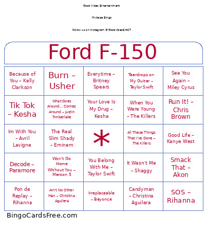 Mixtape -Top 2000's Hits - Ford F-150 Bingo Card
