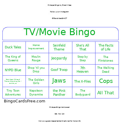Mixtape : TV/Movies Bingo Card
