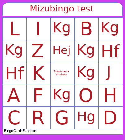 Mizu Test Bingo Card
