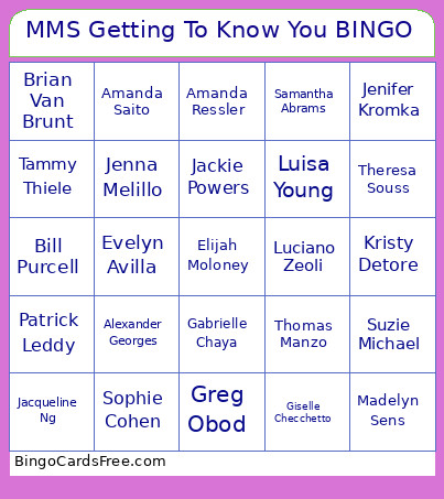 MMS Getting To Know You Bingo Card