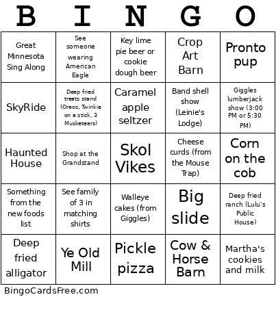 MN State Fair Bingo Card