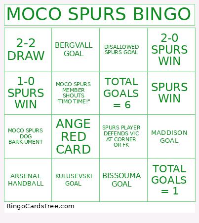 MoCo Spurs NLD Bingo Card