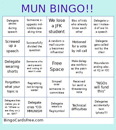 Model UN Confrence  Bingo Cards Free Pdf Printable Game, Title: MUN BINGO!!