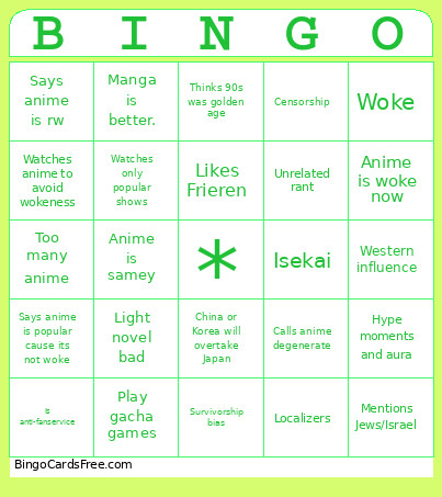 Modern Anime Is Bad Bingo Card