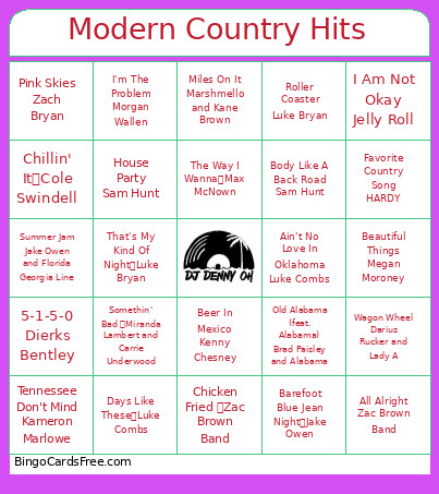 Modern Country Hits Bingo Card