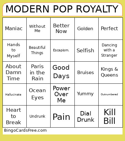 MODERN POP ROYALTY Bingo Card