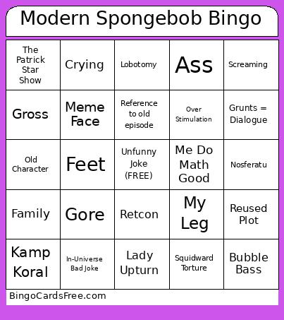 Modern Spongebob Bingo Card