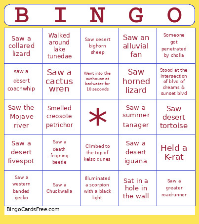 Mojave Field Ecology Bingo Card