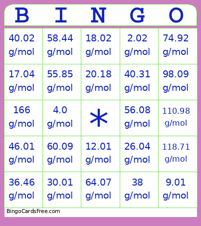Molar Mass Bingo Card