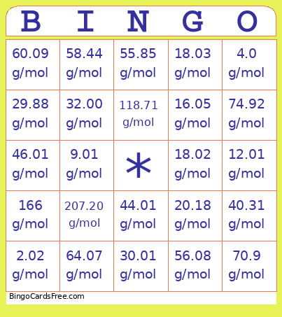 Molar Mass Bingo Card 2