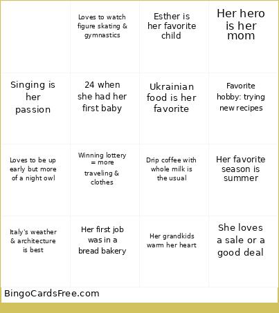 MOM 70TH BDAY Bingo Card