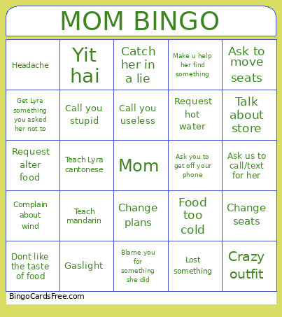 Mom Bingo Card