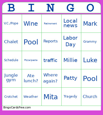 Mom Topics Bingo Card