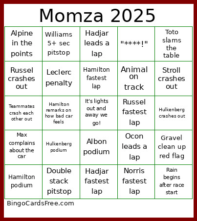 Momza 2025 Bingo Card