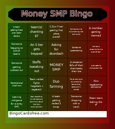 Money SMP Bingo Card