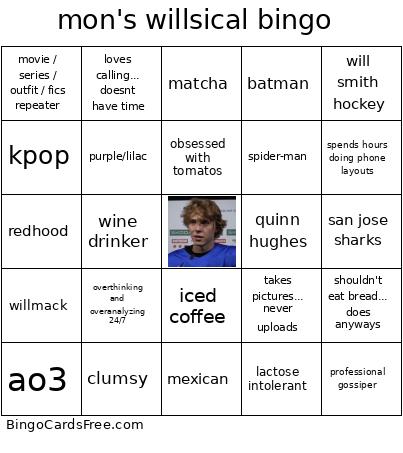 Mon's Willsical Bingo Card