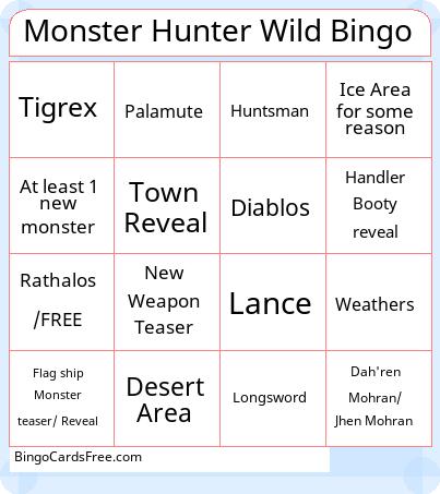 Monster Hunter Wild Bingo Cards Free Pdf Printable Game, Title: Monster Hunter Wild Bingo