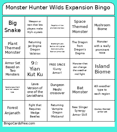 Monster Hunter Wilds Expansion Bingo Card