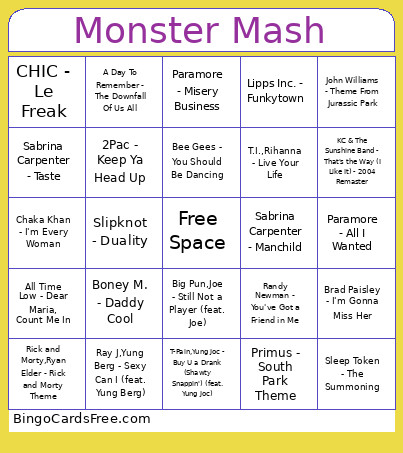 Monster Mash Bingo Card