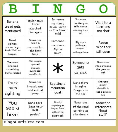 Montana Road Trip Bingo Card