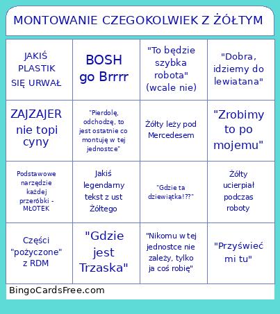Żółty bingo Cards Free Pdf Printable Game, Title: MONTOWANIE CZEGOKOLWIEK Z ŻÓŁTYM