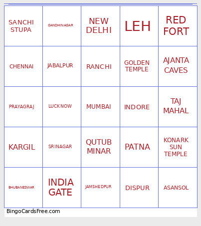 Monuments & Cities Bingo Card