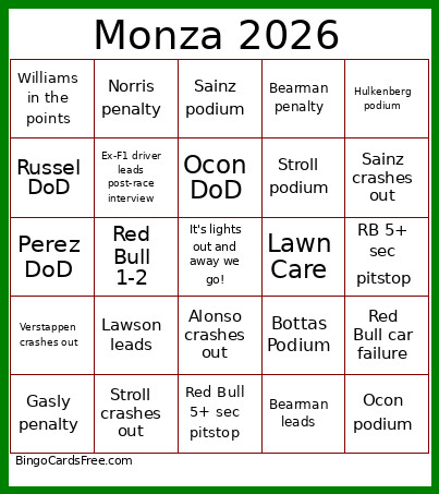 Monza 2026 Bingo Card