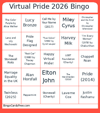 Monzo Virtual Pride Bingo Card