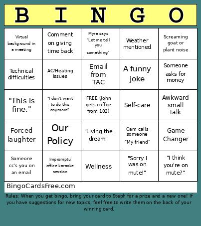 Morale Booster Bingo Card