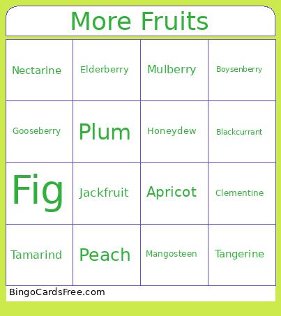 More Fruits Bingo Card