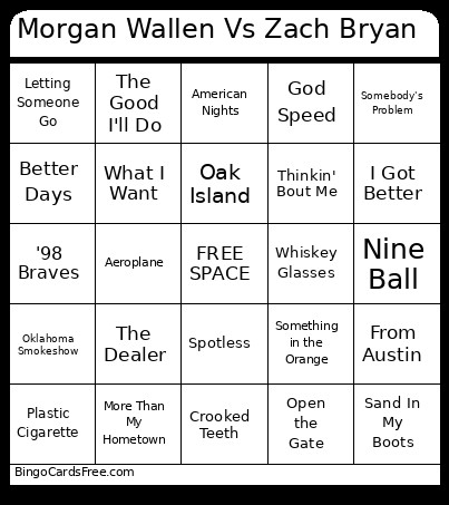 Morgan Wallen Vs Zach Bryan Bingo Card