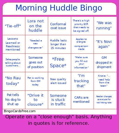 Morning Huddle Bingo Card