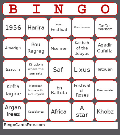Morocco Bingo Card
