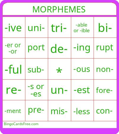 Morphemes Bingo Cards Free Pdf Printable Game, Title: MORPHEMES