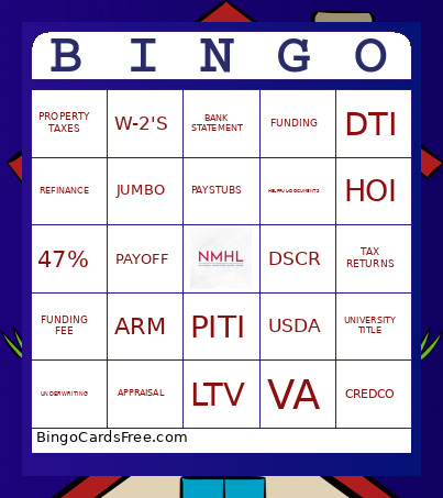 Mortgage Lingo Bingo Card