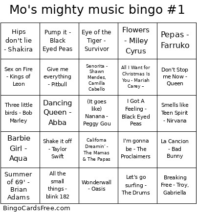 Mo's Mighty Music #1 Bingo Card