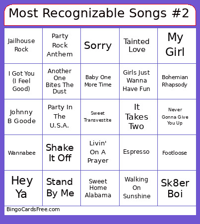 Most Recognizable Songs #2 86 Songs Bingo Card