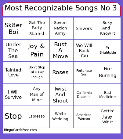 Most Recognizable Songs #3 100 Songs Bingo Card