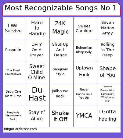 Most Recognizable Songs No 1 Bingo Card