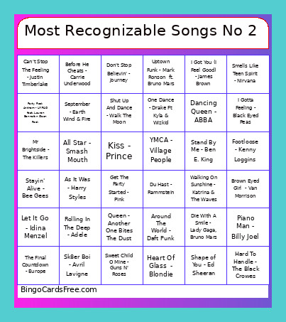 Most Recognizable Songs No 2 95 Songs 6x6 Bingo Card