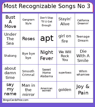 Most Recognizable Songs No 3 Bingo Card