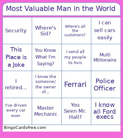the al Bingo Cards Free Pdf Printable Game, Title: Most Valuable Man in the World