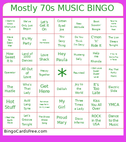Mostly 70s MUSIC Bingo Card