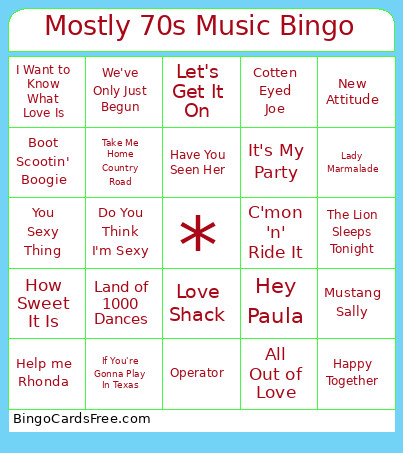 Mostly 70s Music Bingo Card 2