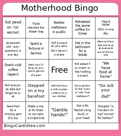 Motherhood Bingo Cards Free Pdf Printable Game, Title: Motherhood Bingo