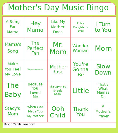 Mother's Day Music Bingo Card