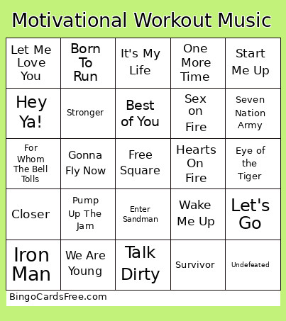 Motivational Workout Music Bingo Card